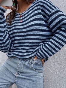 SHEIN LUNE Women's Blue Striped Slouchy Crew Neck Loose Knit Slimming Versatile Long Sleeve T-Shirt - Multicolor - View 5