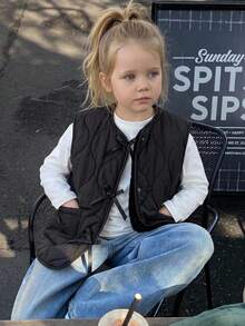 DAZY Young Girl Solid Color Bowknot Decor Zipper Casual Versatile Winter Cotton Padded Vest Fall - Black - View 1