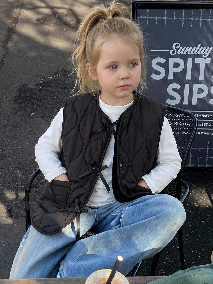 DAZY Young Girl Solid Color Bowknot Decor Zipper Casual Versatile Winter Cotton Padded Vest Fall - Black - View 1