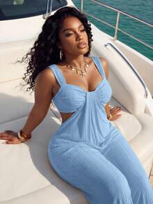 Slaydiva New Spring/Summer Women's Plus Size Extra Long Jumpsuit, - Blue - View 3
