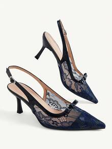 CUCCOO CHICEST French Lace Pointed Toe Slingback High Heels 2026 Spring And Summer New Bow Kitten Heel Sandals Women - ink blue - View 7