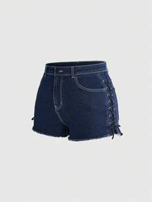 ROMWE Dark Gothic Forest Moth Embroidered Pocket Pattern Drawstring Design Plus Size Mini Super Short Denim Shorts - Blue - View 6