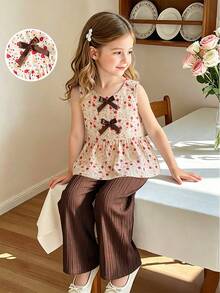 SHEIN Elladie kids 女童新款清新田園風精緻碎花兩件套，粉色蝴蝶結裝飾無袖背心上衣 + 粉色紋理布料寬腿長褲，甜美可愛時尚休閒套裝，夏季 - 棕色 - 查看 3