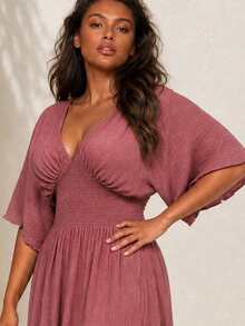 ELLERISSA Curve Plus Size Women's Dusty Rose Boho Summer Maxi Dress,Elegant V Neck Shirred Waist Kimono Sleeve Flowy Ruffle Hem Holiday Vacation - Redwood - View 3