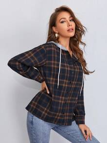 SHEIN LUNE Contrast Hooded Tartan Coat In Fall/Winter,Casual - Multicolor - View 4