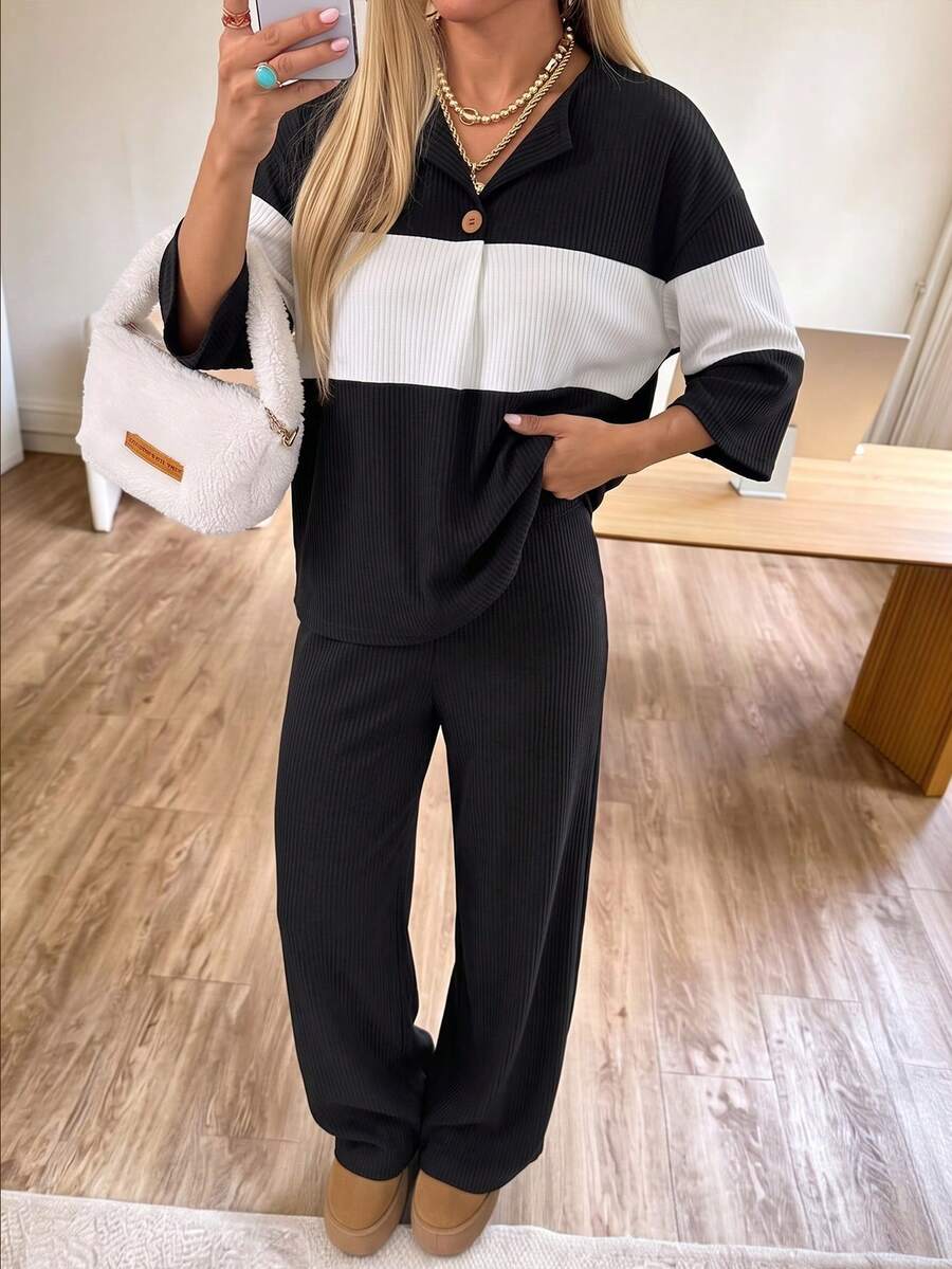 Weeklong Plus Size Women's Autumn/Winter Colorblock Ribbed Knit Casual Set - Black and White - View 1