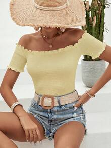 SHEIN VCAY Camiseta de mujer para vacaciones de unicolor con volantes, hombros descubiertos y manga corta - Albaricoque - Ver 5
