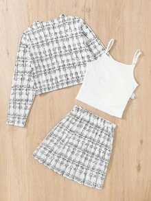 Firerie Kids Firerie Kids Tween女孩時尚長袖格紋單排扣夾克與裙子套裝 - 白色 - 查看 2