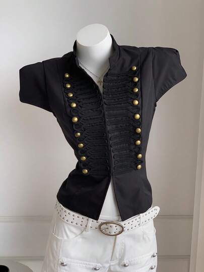Comfortcana Women's Fashion Vintage Button Decor Waist-Cinching Jacket