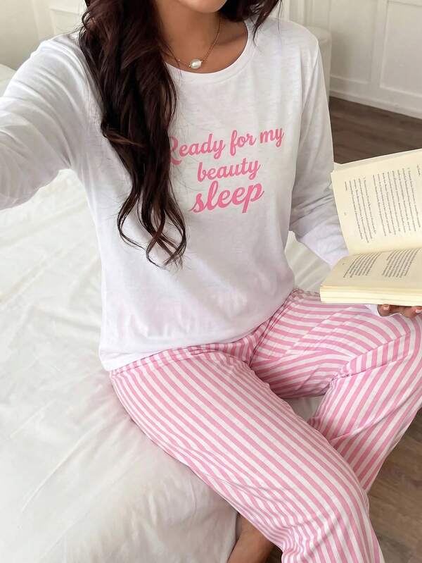 SHEIN Cottonline Round Neck Slogan T-Shirt With Casual Comfortable Pants 2 Pieces Pajama Set
