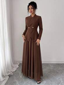 Elenzga Spring Autumn Winter Elegant Stand Collar Waist-Cinching Coffee Color Blazer & Pleated Long Skirt 2-Piece Set For Wedding Party Commute, Romantic Exquisite Women's Outfit - Coffee Brown - View 7