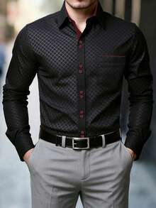 Manfinity Mode Men's Single-Breasted Casual Versatile Daily Long Sleeve Shirt - Black - View 1
