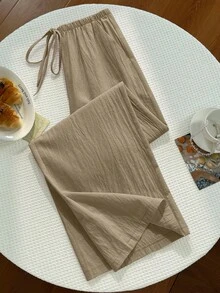Elamini Pantalones largos casuales versátiles de unicolor con cintura de cordón para mujer, para uso diario y salidas - Caqui - Ver 6