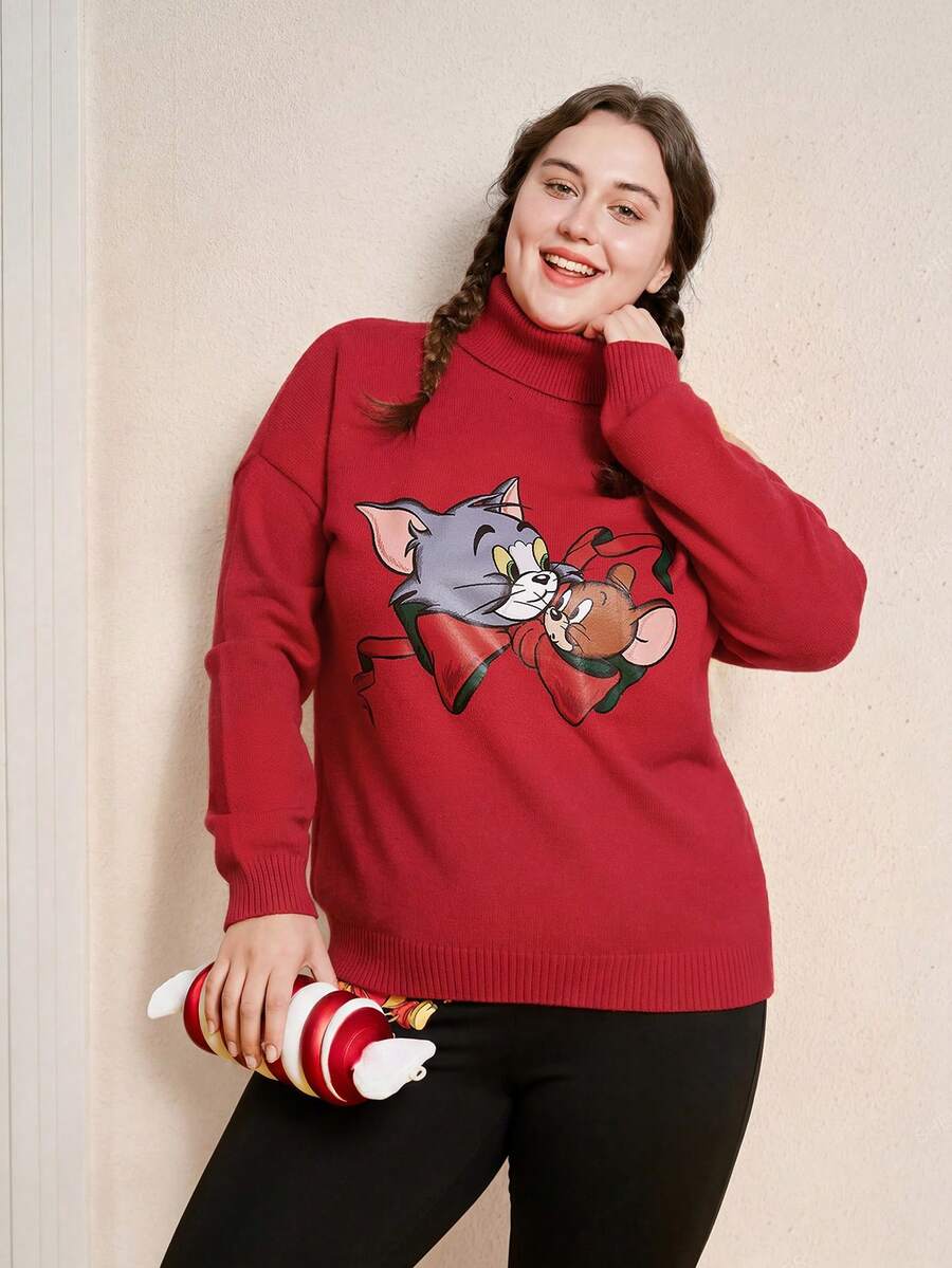 TOM & JERRY X SHEIN พลัส สเวตเตอร์ รูปแบบ การ์ตูน ปลอกคอสูง ไหล่ตก - สีแดง - ดู 1