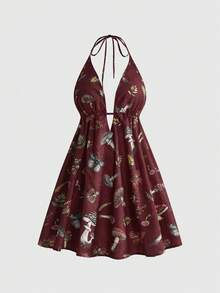 ROMWE Fairycore Summer Vacation Mushroom Moth Plant All-Over Print Halter Backless Mini Dress - Burgundy - View 1