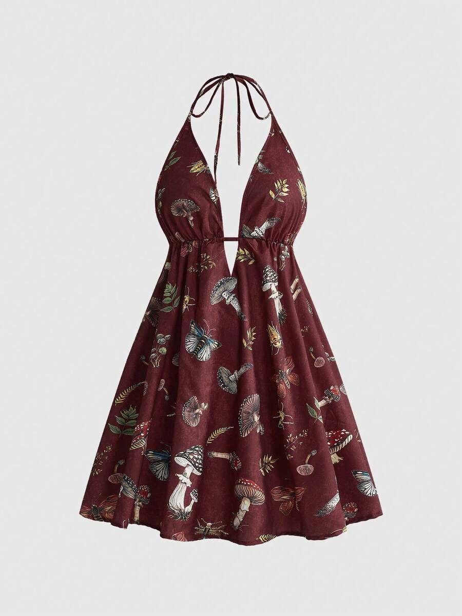 ROMWE Fairycore Summer Vacation Mushroom Moth Plant All-Over Print Halter Backless Mini Dress - Burgundy - View 1