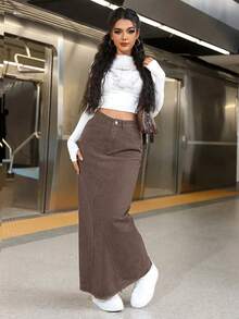 SHEIN ICON Váy mini denim màu trơn cỡ lớn dành cho nữ, Thu/Đông - màu nâu - Xem 4