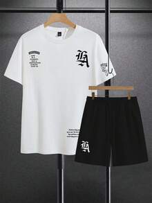 GENIUS ODE 男士字母印花圆领短袖 T 恤和配套短裤两件套，舒适服装 - 彩色 - 查看 3