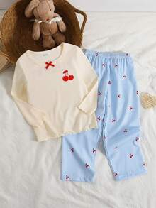 SHEIN Genkimix Kids 女童櫻桃圖案蝴蝶結裝飾長袖上衣與長褲休閒居家睡衣套裝 - 淺藍色 - 查看 2