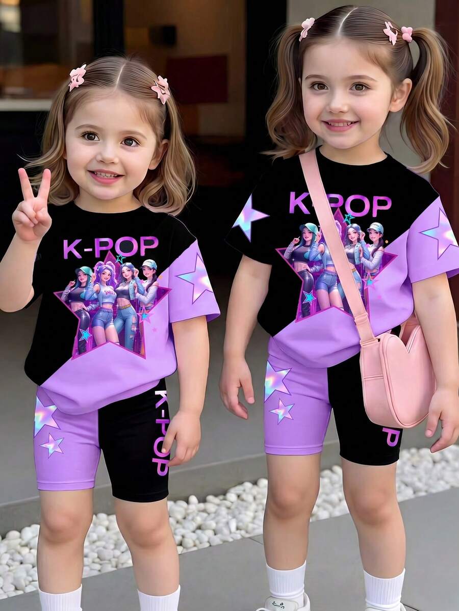 Girls' Cute K-Pop Girl Group Star Print Summer Round Neck T-Shirt And Shorts Set,Exquisite Glamorous Design,Sweet Chic Fitted Knitted Top,Gift Outfit - Multicolor - View 1