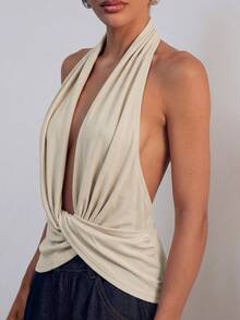 Hauture Asymmetrical Design Sleeveless Halter Top - Apricot - View 5