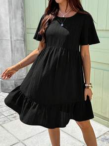 Boho Mama Maternity Vacation Solid Color Textured Ruffle Hem Round Neck Dress - Black - View 6