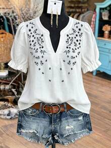 SHEIN LUNE CURVE 大尺碼女款刺繡春夏浪漫時尚百搭日常通勤休閒襯衫 - 白色 - 查看 1