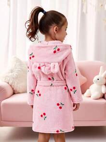 SHEIN Young Girl Young Girl Cute Comfortable Hooded Robe (With Detachable Belt) Cherry Print Pink Cute Towel Bath Comfy Soft Warm Winter Spring Autumn Casaul - Pink - View 2