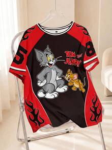 TOM & JERRY X SHEIN Plus Size Letter & Cartoon Graphic Color Block Round Neck Short Sleeve T-Shirt - White - View 1