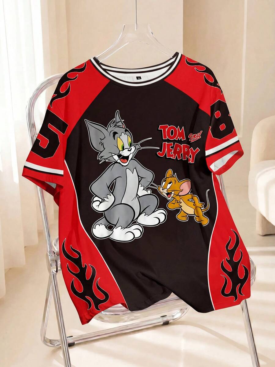 TOM & JERRY X SHEIN Plus Size Letter & Cartoon Graphic Color Block Round Neck Short Sleeve T-Shirt - White - View 1
