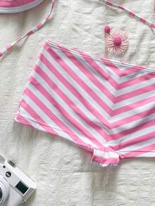 SHEIN Swim 女款夏季度假套裝 母親節粉色與白色條紋性感海灘派對度假比基尼兩件套 - 粉色 - 查看 8