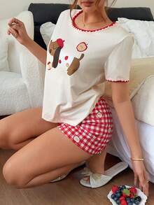 Napfluff Contrast Trim Round Neck Cute Dachshund Cartoon Print Short Sleeve Shorts Pajama Set - Multicolor - View 6
