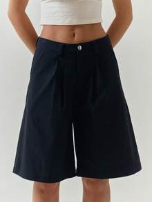 MUSERA Navy Blue Tailored Two Side Pocket Loose Shorts Casual Basic Party Brunch Everyday Holiday Vacation Miami Beach Summer For Women - Black - View 1