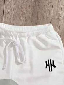 Manfinity Joysei Pantalones cortos casuales para hombre con estampado de letras, cintura con cordón y color de contraste, para vacaciones - Gris - Ver 3