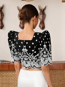 Zaforene Women's Polka Dot Floral Embroidered Pattern Casual Vintage Elegant Daily Wear Garden Party Tea Party Anniversary Blouse Black White Autumn - Apricot - View 6