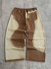 AXEPEAK Men's Washed Brand Patchwork Contrast Color Long Pants - Brown - View 3
