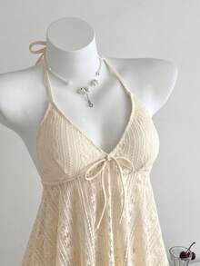 SHEIN Swim Mod فستان شاطئ نسائي مزين بالزهور والدانتيل مع ربطة أمامية وحمالة رقبة مع قطعة بيكيني سفلية للعطلات والصيف - لون مشمشي - مشاهدة 6