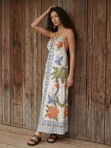 CAJUNI Women's Coconut Tree & Bird Print Casual Vacation Travel Spaghetti Strap Dress - Multicolor - View 4