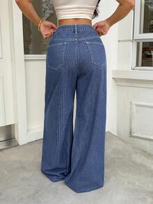 Rivivi Casual Streetwear Washed Wide Leg Denim Jeans School Blue And White Striped Summer - Dark Wash - View 2
