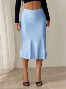 SHEIN PETITE Black High Waist Solid Color Skirt With Satin Texture Suitable For Dance And Daily Wear - Blue - View 4