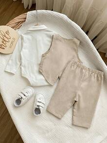 Newborn Baby Boy 3pcs Preppy Cute Casual Vest, Pants & Bow Tie Romper Set - Beige - View 6