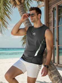 ZELFYO Men's Vacation Letter Print Surf Tank Top - Grey - View 3