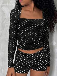Camiseta ajustada de moda para niñas preadolescentes en otoño con mangas raglán, cuello en U, cintura fruncida, elástica - Blanco y Negro - Ver 2