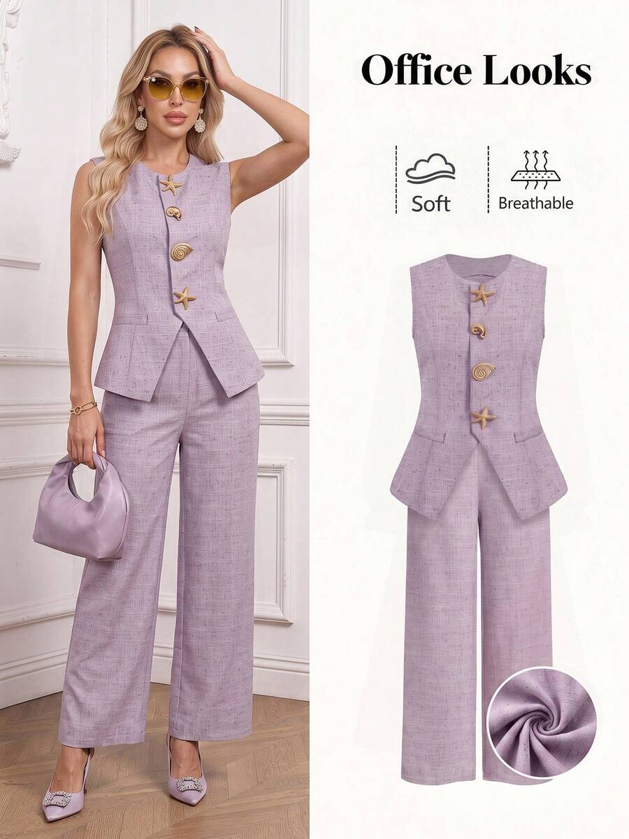 Ellevyn Conjunto de chaleco y pantalones asimétricos con hebilla con estampado de estrellas y conchas para mujer - Morado - Ver 1