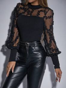 SHEIN Allurite 網紗拼接燈籠袖小高領上衣 - 黑色 - 查看 6