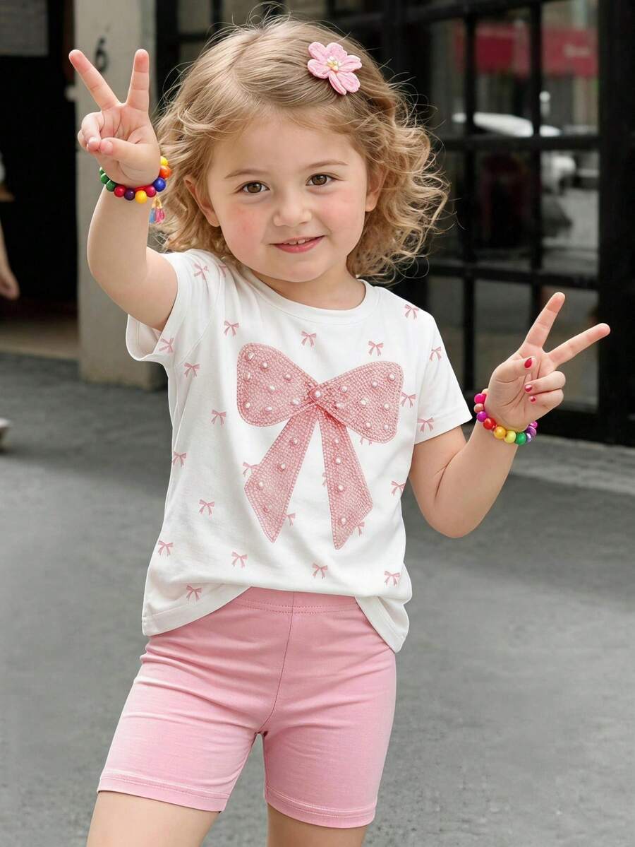 Summer Baby Girl Casual Multi-Piece Set, Brown & Apricot Leopard Print Cartoon Rabbit Pattern, Round Neck Short Sleeve T-Shirt & Shorts - Multicolor - View 1