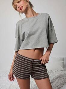 WESTFADE Cute Mid Rise Tie Front Textured Knit Lounge Striped Mini Short, Casual Fall Autumn Winter, Lounge, Country Look, Cowgirl, Western, Back To School - Brown - View 5