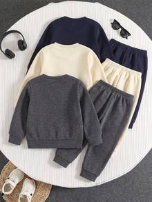 SHEIN Genkimix Kids 3套小男孩馬匹印花T恤慢跑褲套裝，幼兒3色配色運動服套裝組合，秋冬款日常穿著套裝，白色 - 彩色 - 查看 2