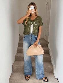 Easowa Kardigan Rajut Lengan Pendek Berongga Gaya Liburan Kasual, Cottage Core, Boho Era 90-an, Warna Hijau Army, Hijau Zaitun Musim Panas - Olive Green - View 3