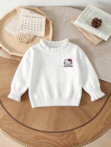 HELLO KITTY AND FRIENDS | SHEIN 女嬰針織毛衣 刺繡蕾絲領口與袖口 柔軟套頭針織衫 基礎層 秋冬款 簡約可愛法式淑女風 優雅長袖白色上衣 適合外出、派對與 - 白色 - 查看 1